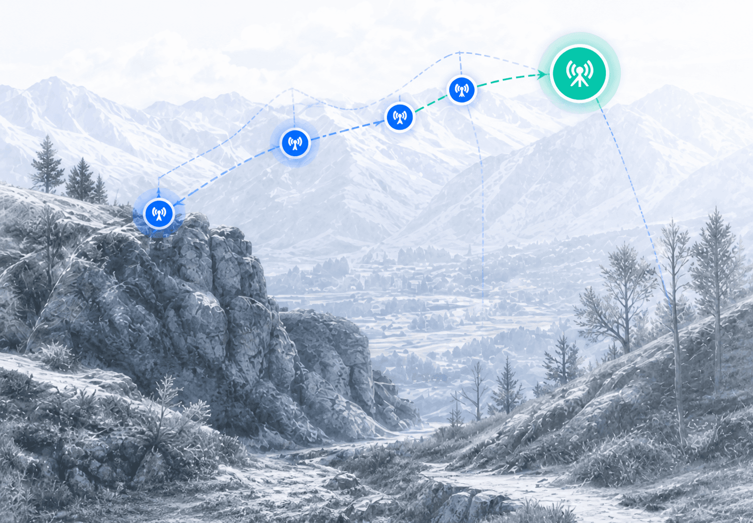Mesh route over mountainous terrain